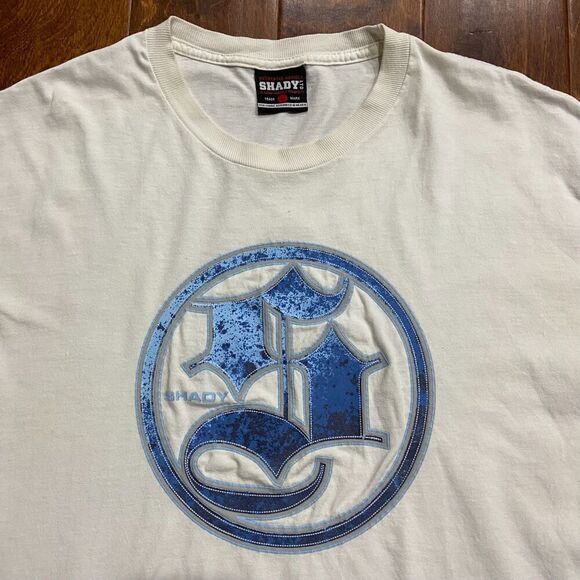 Shady Vintage Y2K Rap Eminem Old English Logo White Blue T-Shirt Mens Size Large - Picture 2 of 9